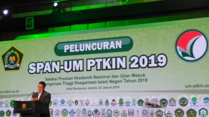 Menteri Agama (Menag) Lukman Hakim Saifuddin meluncurkan Seleksi Prestasi Akademik Nasional Ujian Masuk (SPAN-UM), Perguruan Tinggi Keagamaan Islam Negeri (PTKIN), 2019.[Foto:/Ist.]