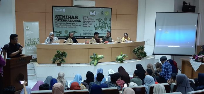 Seminar Internasional yang diadakan Jurusan Bahasa dan Sastra Inggris Fakultas Adab dan Humaniora UINAM yang bekerja sama dengan MIWF 2019. (FOTO: IST)