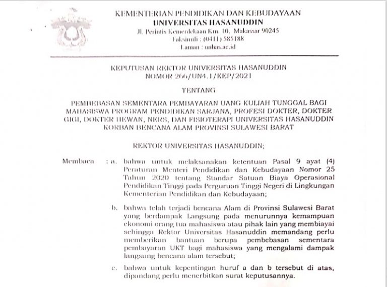 Pembebasan Sementara UKT Bagi Mahasiswa Unhas Terdampak Gempa Sulbar