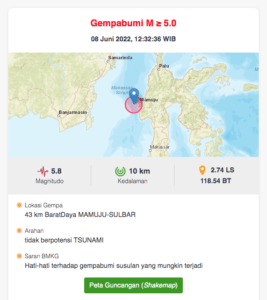 Gempa Bumi 5,8 Magnitudo Berpusat di Mamuju, Sulawesi barat