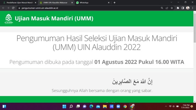 Pengumuman UMM UIN Alauddin Dilakukan Hari Ini, Ini Linknya