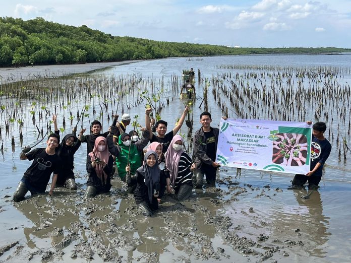 Sebanyak 300 bibit tanaman bakau berhasil ditanam oleh tim Sobat Bumi Makassar yang dibantu oleh warga setempat.