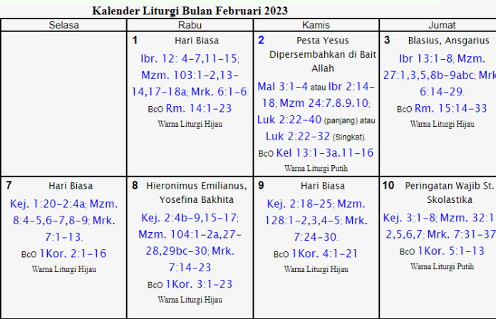 Kelender Liturgi Bulan Februari 2023