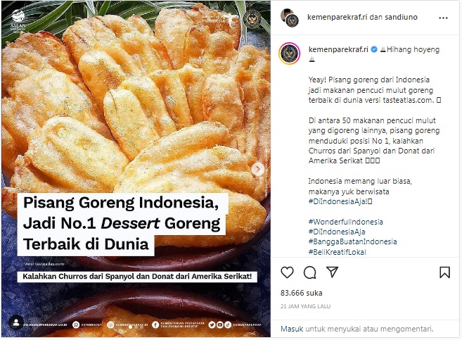 Bangga! Pisang Goreng Jadi Kudapan Paling Enak di Dunia Versi Taste Atlas. [Tangkapan Layar: IG @Kemenparekraf RI]