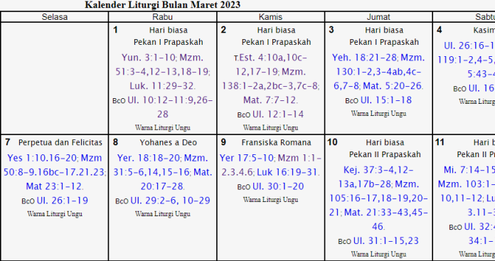 Kalender Liturgi Maret 2023