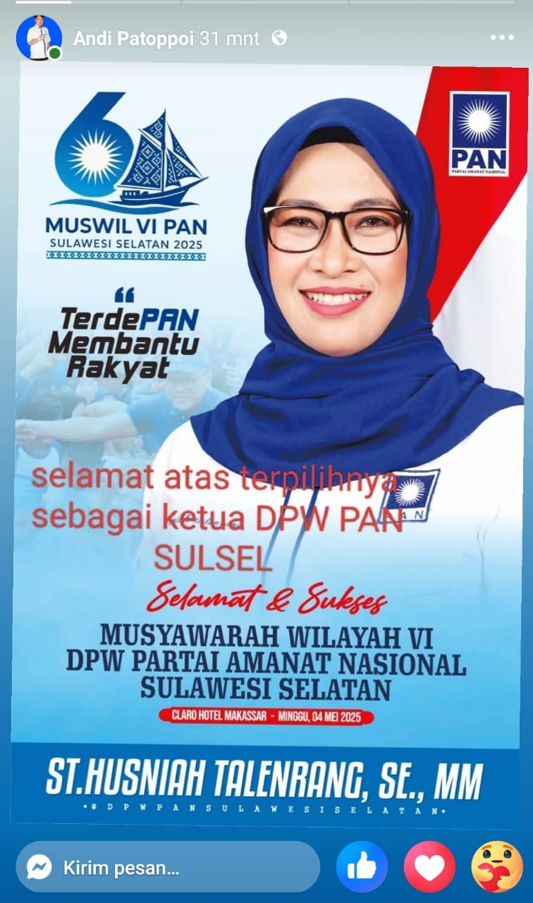 ST. Husnia Talenrang Terpilih sebagai Ketua DPW PAN Sulsel, Ucapan Selamat Mengalir