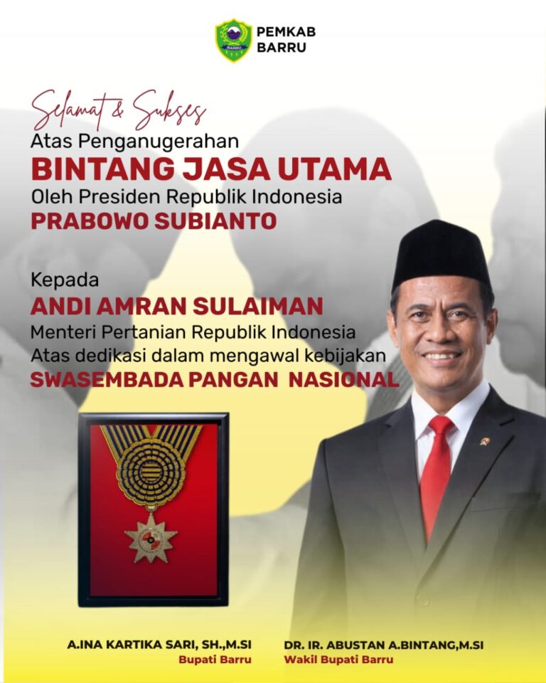 Pemkab Barru Ucapkan Selamat atas Penerimaan Bintang Jasa Utama oleh Menteri Pertanian